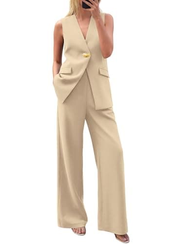 KIRUNDO Pant Suits for Women Dressy 2 Piece Business Casual Outfits Summer Sleeveless Blazer Vest Wide Leg Pantsuit Sets(Beige, Small) - Image 1