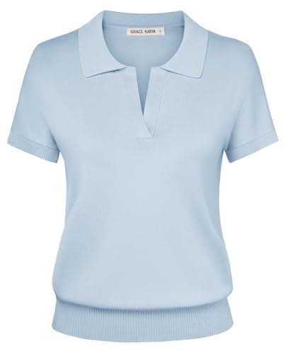 GRACE KARIN Women Short Sleeve Sweater Summer 2026 Business Casual Knit Tops V Neck Office Collared Polo Shirt Light Blue L - Image 1