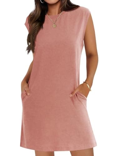 Wenrine Womens Summer Mini Dress Casual Short Sleeve Crewneck Loose Basic T Shirt Dresses with Pockets Pink - Image 1