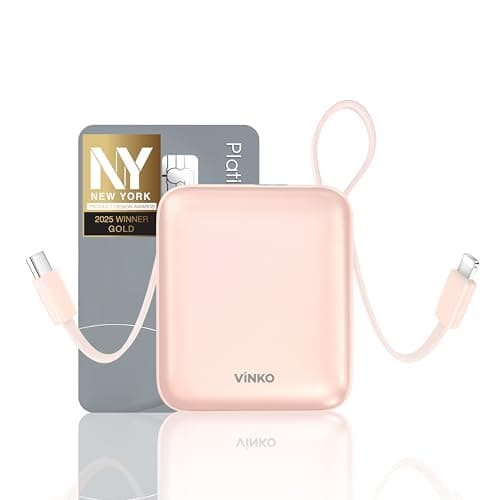 VINKO 10000mAh Power Bank Built-in Cables, Fast Charging with LED Display, Small Travel Battery Pack with Cords, Airplane Travel Essentials,Portable Phone Charger for iPhone 17 Smart Devcies(Pink) - Image 1