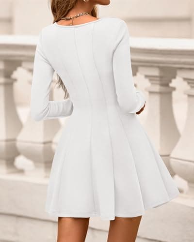 BTFBM Square Neck Dress for Women Casual Spring Long Sleeve Knit Pleated Elegant Classy 2026 Fall Cocktail Mini Dresses(White, Small) - Thumbnail 3