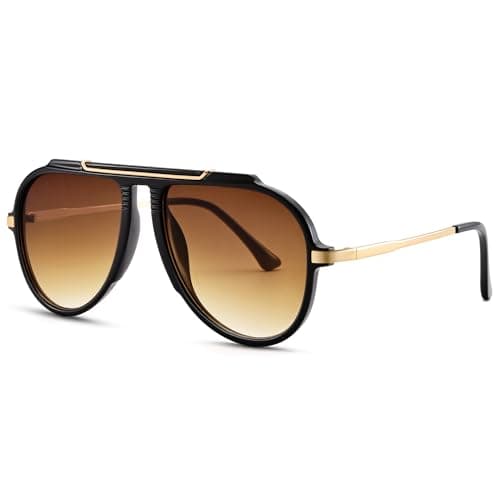 RAYSOL Trendy Oversized Aviator Sunglasses for Women Men 70s Retro Gold Metal Tangle Free Aviators Sun Glasses (Black Frame/Gradient Brown Lens) - Image 1
