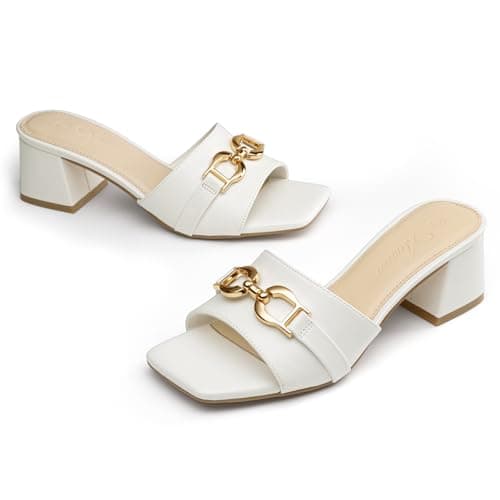 Athlefit Heeled Sandals for Women Mules Square Open Toe Chunky Block Heels Summer White Slip On Dress Shoes for Party Wedding Size 8.5 - Thumbnail 5