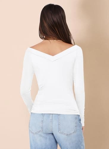 MIHOLL Fall Tops for Women 2025 Long Sleeve Shirts for Women Dressy Casual Off Shoulder Going Out Y2K Tops Party White X-Large - Thumbnail 2