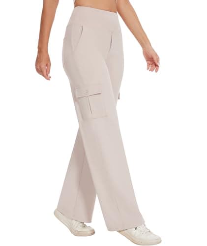 LXP Yoga Cargo Pants Women Wide Leg Pants with Pockets High Waist Stretch Dress Casual Business Work Travel Pants,31",Khaki,L - Image 1