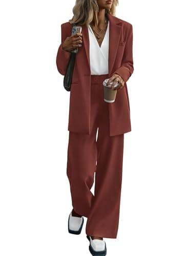 KIRUNDO Women Suits 2 Piece Set Business Casual Dressy Oversized Blazer Jacket and Wide Leg Dress Pantsuits Formal Outfits(Brown Red, XX-Large) - Image 1
