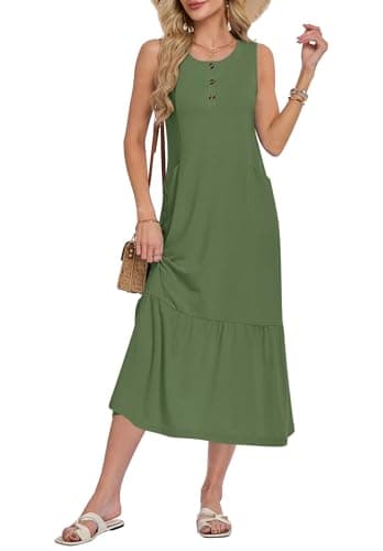 WNEEDU Women Summer Sleeveless Midi Dresses Button Front Sundress with Pockets(Deep Army Green,M) - Image 1