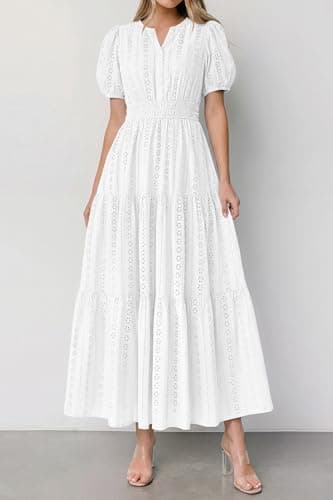 PRETTYGARDEN Womens Summer Maxi Dresses 2026 Casual Puff Sleeve V Neck Smocked Flowy Eyelet Cotton Dress Spring Sundress(White,XX-Large) - Thumbnail 3