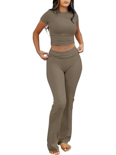 ANRABESS Lounge Sets for Women 2 Piece Foldover Yoga Flare Leggings Pants Crop Tops Casual Y2K Outfits Matching Tracksuit Set Coffee Grey X-Small - Image 1