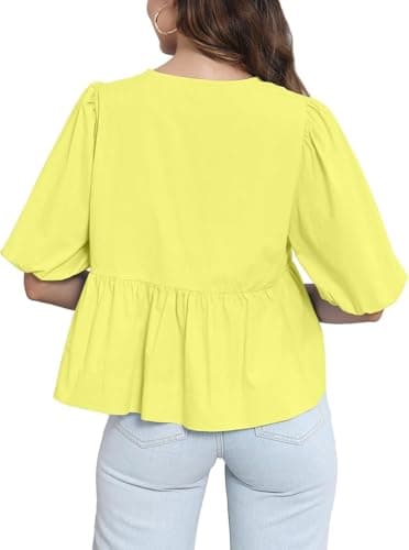 Tankaneo Womens Tie Front Tops Summer Peplum Babydoll Puff Short Sleeve Blouse Cute Cotton Shirts Yellow - Thumbnail 2