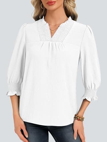Funlingo Blouses for Women Dressy Casual 3/4 Length Sleeve Womens Tops Ruffle V Neck Lace Crochet Shirts with Smocked Cuffs Spring Trendy Clothes White S - Thumbnail 2