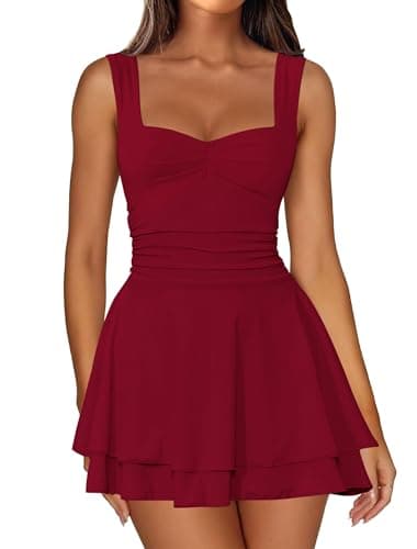 IWD Sleeveless Square Neck Mini Dresses for Women Ruched Corset Waist A Line Tiered Ruffle Hem Valentines Day Dress Wine Red Medium - Image 1