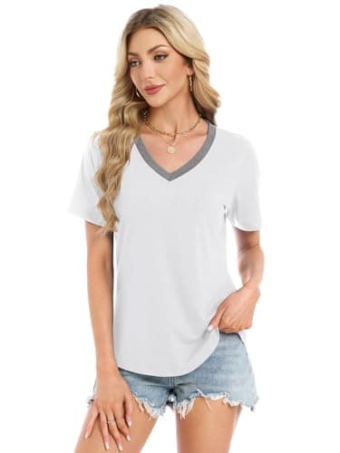 Women Tops Casual Summer T Shirts Short Sleeve V Neck for Ladies Beach Party Clothes Vacation Dressy Tunic Clothes, White/Grey XXL - Thumbnail 2