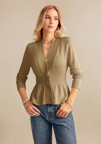 GRACE KARIN Women Cardigan Sweaters 2025 Fall,Long Sleeve Cropped Sweater Coat Trendy,Button Front Peplum Tops Lightweight Khaki - Thumbnail 2