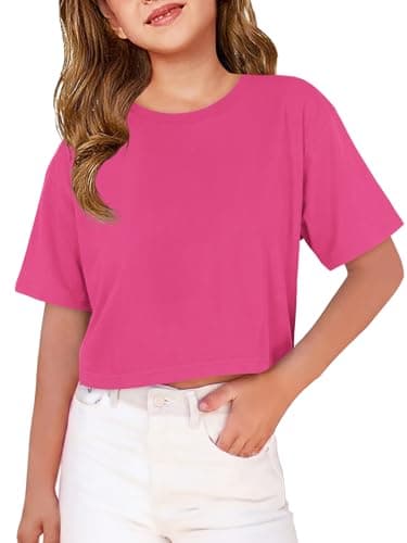 ZDC Girls T Shirts Short Half Sleeve Crew Neck Drop Shoulder Loose Fit Summer Crop Tops 5-14 Years Rose Red - Image 1