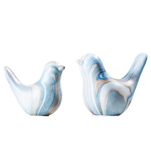 TZIZO 2 Pcs Hand-Painted Blue White Marble Ceramic Bird Statues, Modern Shelf Decor Accents, Unique Gift for Living Room Office Bookshelf Coffee Table (L: 12 & 8.8 cm, H: 8.8 & 6.5 cm) - Image 1