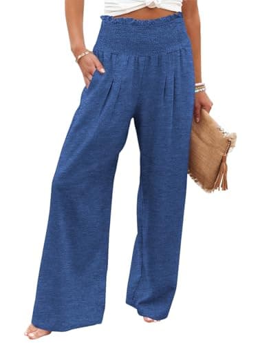 GEMLON Womens Wide Leg Pants High Waisted Palazzo Pants Summer Flowy Trousers Casual Pants with Pockets Royal Blue M - Image 1