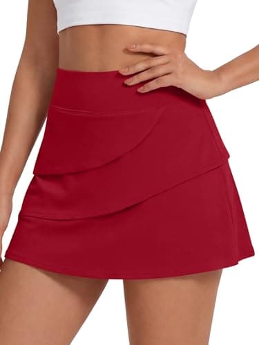 Caracilia Tennis Skirts for Women | High Waisted Athletic Casual Skort, Layered Golf Workout Skirt with Shorts Red X-Large - Image 1