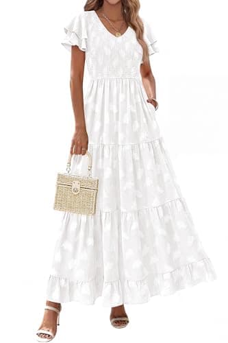 dowerme Maxi Dresses for Women 2026 Summer Ruffle Sleeve V Neck Smocked A Line Floral Boho Tiered Sundress Spring Outfit(White,Small) - Image 1