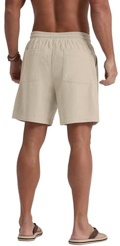 Sailwind Workout Shorts Men Casual Corduroy Drawstring 7 inch Inseam Summer Beach Shorts for Men Light Khaki - Thumbnail 6