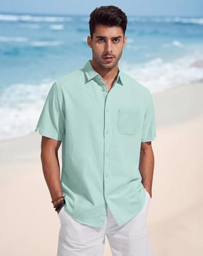 JEKAOYI Button Down Linen Shirts for Men Short Sleeves Cotton Casual Shirt with Pockets for Summer Beach Mint Blue - Thumbnail 2
