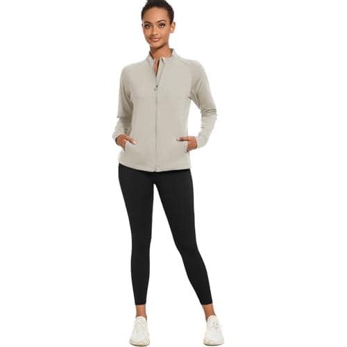 bpbtti Women's Polar Fleece Zip Up Workout Jackets with Pockets Slim Fit Cottony Soft Jacket for Running Athletic Yoga (Moon beam,X-Large) - Thumbnail 6
