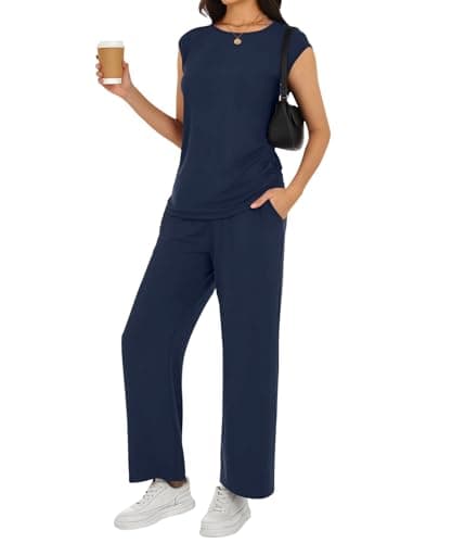 YSYOKOW Women's 2 Piece Lounge Set Cap Sleeve Top and Wide Leg Pants Casual Matching Travel Outfit with Pockets(Navy Blue, Small) - Image 1