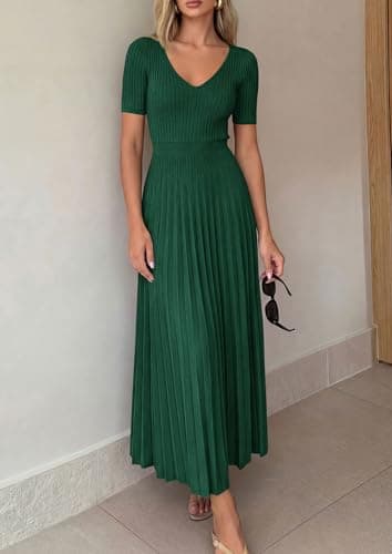 PRETTYGARDEN Women's 2026 Spring Midi Sweater Dresses Elegant Pleated Ribbed Knit Short Sleeve V Neck A Line Summer Outfits (Dark Green,Large) - Thumbnail 5