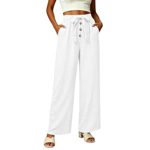 Linen Wide Leg Pants for Women, High Waisted Button Work Casual Flowy Tie Knot Trousers with Pockets, Lightweight Breathable Summer Vacation Beach Office Work Womens Palazzo Pants 2026WhiteS - Image 1