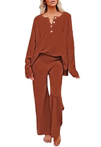 Pink Queen Women's 2 Piece Outfit Set Long Sleeve Button Knit Pullover Sweater Top Wide Leg Pants Sweatsuit Orange S - Image 1