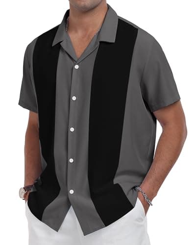 YTD Men's Vintage Bowling Shirt Short Sleeve Button Down Summer Cuba Beach Shirts Black Dark Gray - Image 1