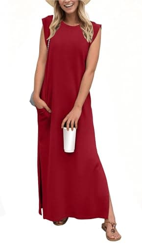 HiMONE Womens Petite Friendly Dresses Sleeveless Tank Dress Lightweight Casual Summer Maxi Dress with Pockets Wine Red - Image 1
