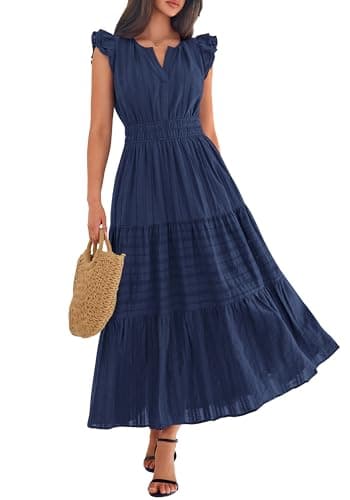 BTFBM Womens Summer Maxi Dress 2026 Spring Boho Vacation Ruffle Flutter Short Sleeve A Line Tiered Flowy Dresses Pockets(Navy Blue, Medium) - Thumbnail 4