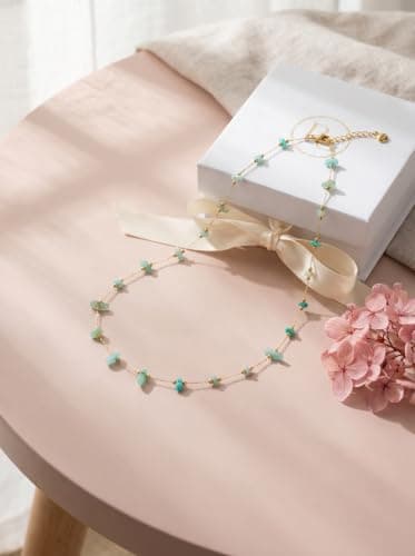 Geumkecy Handmade Green Amazonite Choker Necklace for Women Natural Gemstone Chain 18K Gold Jewelry Birthday Christmas Gift for Women 18inch Valentine Gift for Her - Thumbnail 6