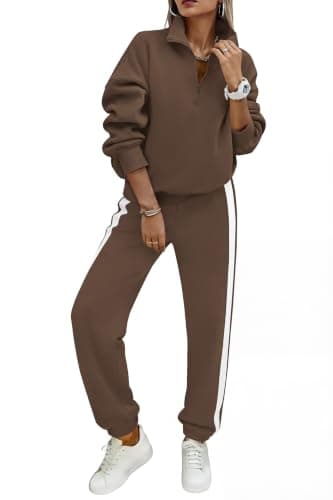 PRETTYGARDEN Womens Sweatsuits 2 Piece Outfits Fall Half Zip Sweatshirts Jogger Tracksuit Set Lounge Matching Travel Outfits (Coffee,L) - Image 1