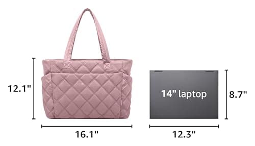 Uselike Tote Bag for Women, Lightweight Puffer Tote Work Bags with Compartments for Travel, Quilted Shoulder Bag with Zipper (Mauve Pink) - Thumbnail 3