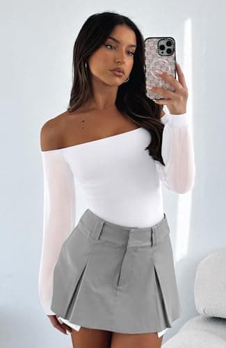 REORIA Womens Going Out Off The Shoulder Sheer Mesh Puff Long Sleeve Thong Bodysuit Tops White Medium - Thumbnail 6