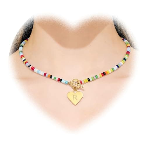 ARZASGO Initial Necklace for Women - Colorful Beaded Necklace Love Initial Letter Pendant Choker, Personalized A-Z Letter Necklaces Jewelry Gift - Thumbnail 2