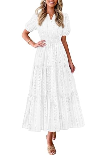PRETTYGARDEN Womens Summer Maxi Dresses 2026 Casual Puff Sleeve V Neck Smocked Flowy Eyelet Cotton Dress Spring Sundress(White,Small) - Image 1