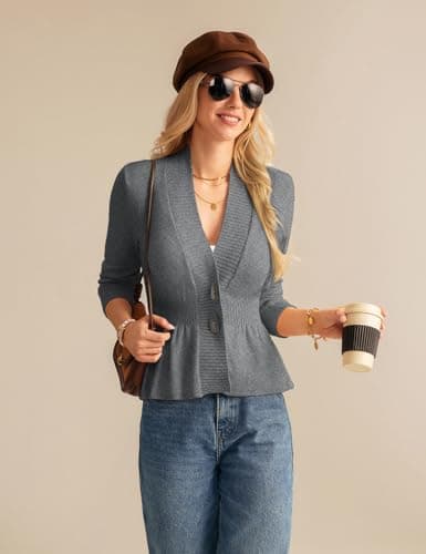GRACE KARIN Women Cardigan Sweaters 2025 Fall,Long Sleeve Cropped Sweater Coat Trendy,Button Front Peplum Tops Lightweight Gray - Thumbnail 3