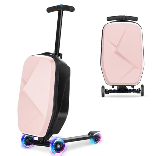 Scooter Luggage For Kids & Adults， Hardside Ride On Suitcase For Kids Ages 4-15 Multifunctional Lightweight Foldable Carry On Luggage With Wheels Ride On For Children Teenagers (Light Pink, 20") - Image 1