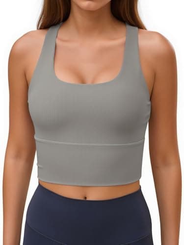 Aoysky Womens Racerback Sport Bra Workout Tank Tops Sleeveless Ribbed Athletic Yoga Tops with Built in Bra Grey - Image 1