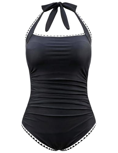 Hilor Women's One Piece Swimsuits Tummy Control Slimming High Waisted Bathing Suit Scalloped Halter 1 Piece Swimsuit Black 10 - Thumbnail 4