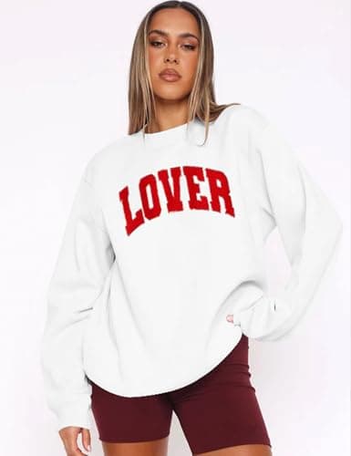 LETSEE Women Valentine Sweatshirt Glitter Patch Lover Letter Pullover Tops Crewneck Lover Chenille Patch Long Sleeve Tops(White, XX-Large) - Thumbnail 2