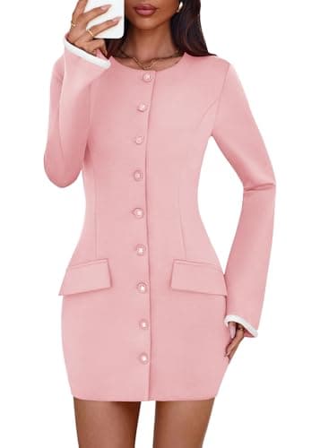 Lazysmile Women's Casual Dresses Long Sleeve Boat Neck Button Down Bodycon Mini Fall Party Club Cocktail Dresses for Women Pink - Image 1