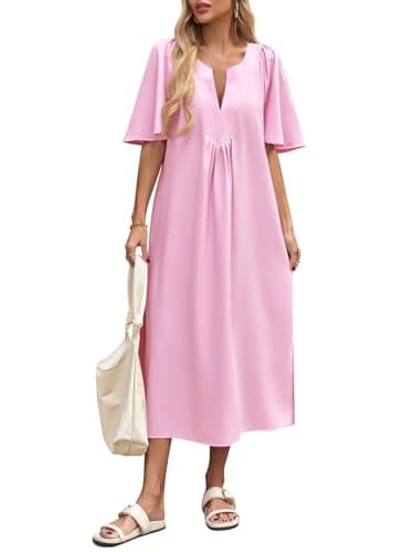 Wenrine Womens Flutter Short Sleeve Maxi Dress Casual V Neck Loose Flowy Long Summer Dresses Pink