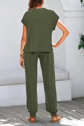 BTFBM 2 Piece Outfits for Women Summer Casual Short Sleeve Tops and Long Pants Lounge Sets Tracksuits(Solid Army Green,Medium) - Thumbnail 5