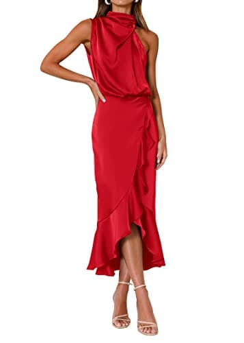 KIRUNDO Women 2026 Spring Summer Satin Mock Neck Wedding Guest Party Cocktail Midi Dress Sleeveless Wrap Ruffle Formal Dress(Red, Large) - Image 1
