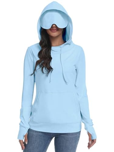 SeSe Code Womens UPF 50+ Sun Protection Hoodie with Eye Mask Travel Airplane Sleep Long Sleeve Sweatshirts Pullover with Thumb Holes & Pocket Blue Medium - Image 1