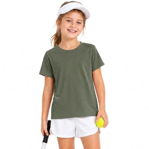 Wenlia Girls Athletic Shirts Short Sleeve Sports Tee Multi-Pack Summer Soft Activewear Tops, Army Green, 7-8 Years, 130 - Image 1